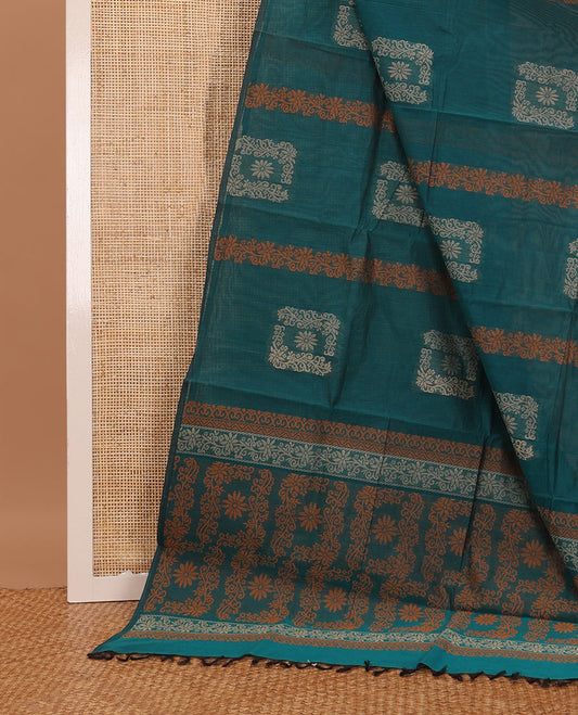 Borderless peacock blue unique motifs Coimbatore cotton saree, self-pallu of floral designs
