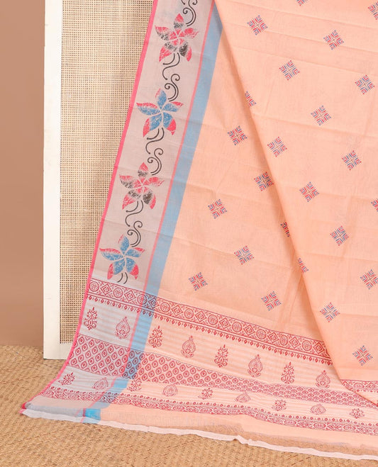 Sandal diamond buttas Chirala cotton saree, contrast floral motifs printed border & geometric patterned pallu