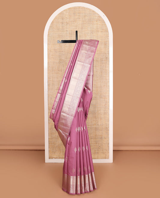 Onion pink zari buttas Vasundhara silk mix, zari border of thilakam mokku, kuyil kann, diamond, and jaal designs, and neli pallu