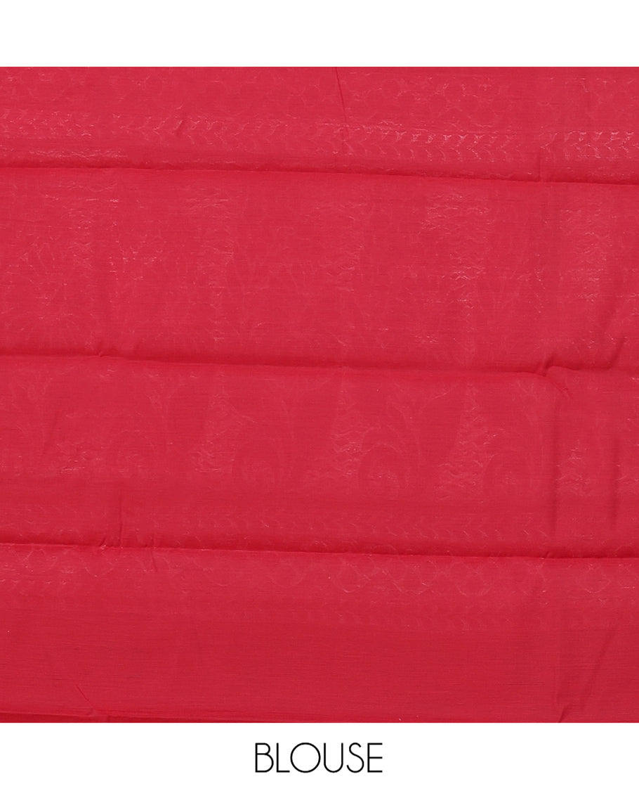 Red Semi-Silk Cotton Saree, Elevated with Zari Buttas All Over Its Body, Highlighted by a Zari Border, Grand Pallu of Intricate Designs, and Paired with a Matching Blouse
