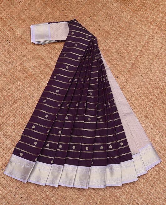 Purple Budget Silk Saree, Mesmerized with Zari Buttas and Stripes, Complemented by a Contrast Traditional Zari Border, Grand Pallu, and a Contrast Blouse