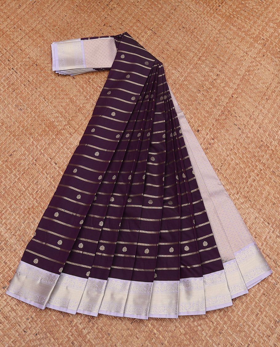 Purple Budget Silk Saree, Mesmerized with Zari Buttas and Stripes, Complemented by a Contrast Traditional Zari Border, Grand Pallu, and a Contrast Blouse