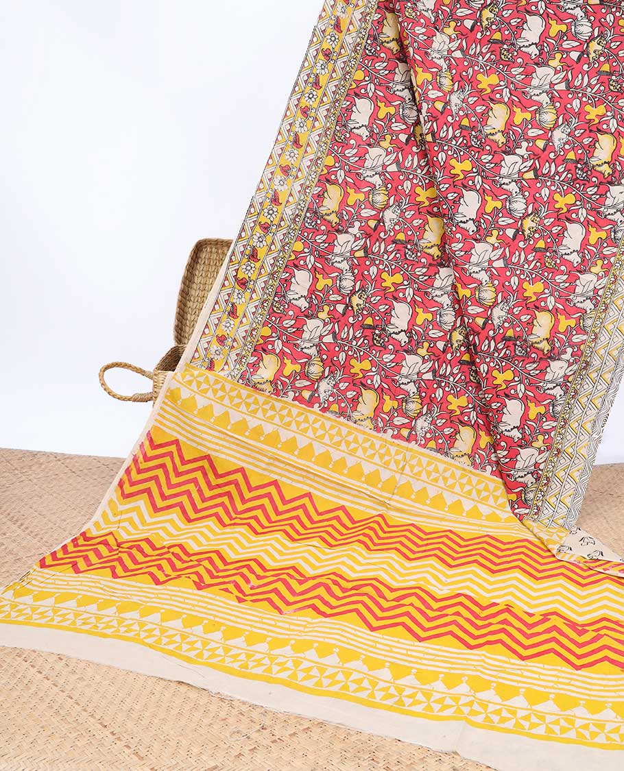 Red Pichwai cow machine-printed kalamkari cotton saree, contrast floral & chevron border &