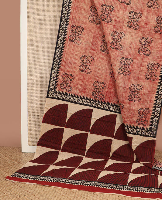 Red butterfly motifs printed mul mul cotton saree, contrast geometric block printed border & pallu of geometric block print