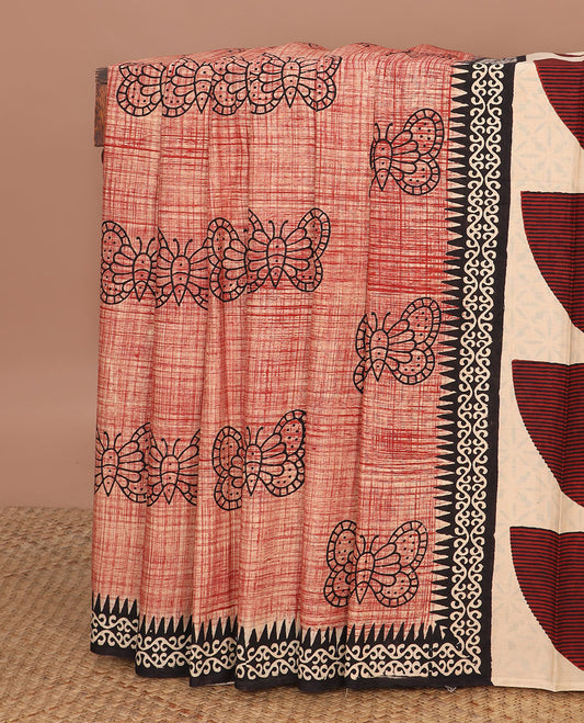 Red butterfly motifs printed mul mul cotton saree, contrast geometric block printed border & pallu of geometric block print