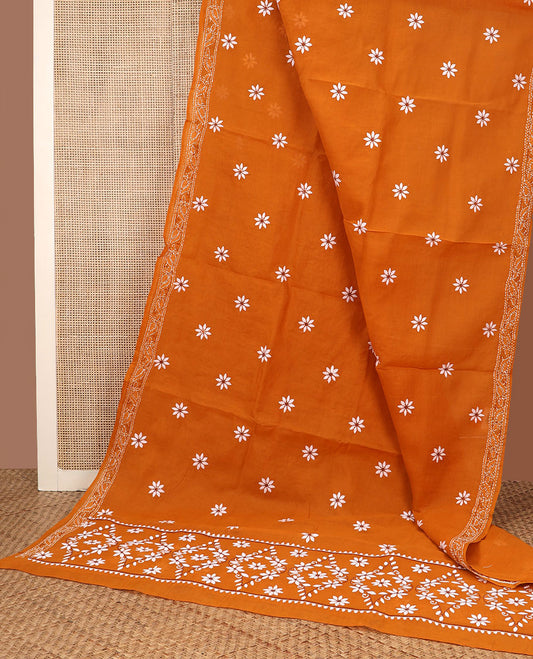 Dark orange flower butta thread embroidered Lucknowi chikankari saree, embroidered self-border, & floral embroidered pallu
