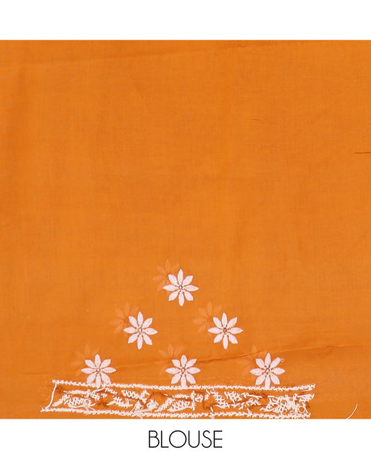Dark orange flower butta thread embroidered Lucknowi chikankari saree, embroidered self-border, & floral embroidered pallu