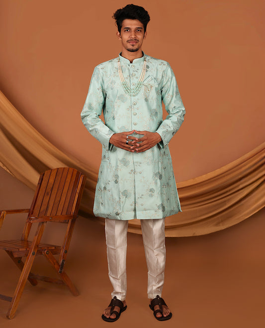 Blue Floral Jaal Embroidered Full-Sleeved Men's Kurta with Contrast Pants