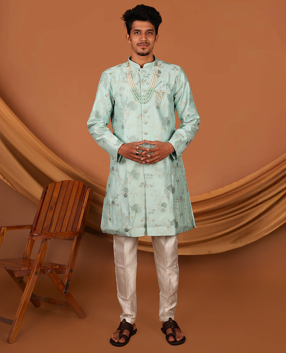 Blue Floral Jaal Embroidered Full-Sleeved Men's Kurta with Contrast Pants