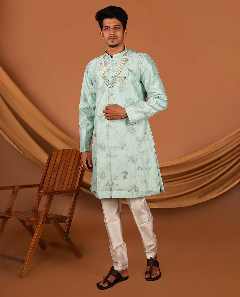 Blue Floral Jaal Embroidered Full-Sleeved Men's Kurta with Contrast Pants