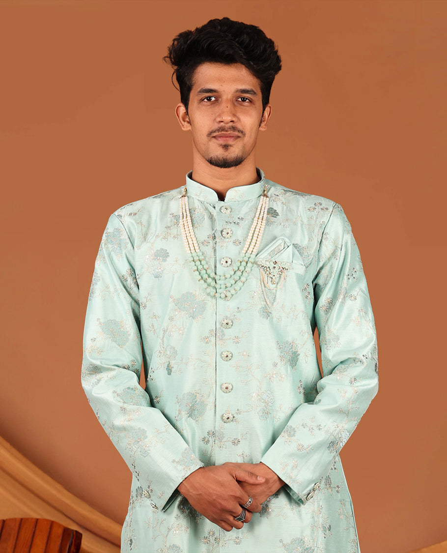 Blue Floral Jaal Embroidered Full-Sleeved Men's Kurta with Contrast Pants