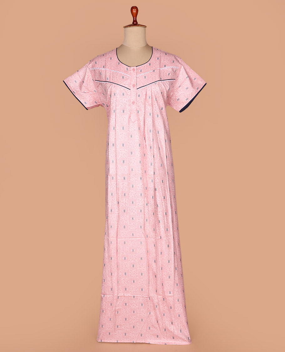 Pink floral vine printed with round neck half-sleeve cotton nighty