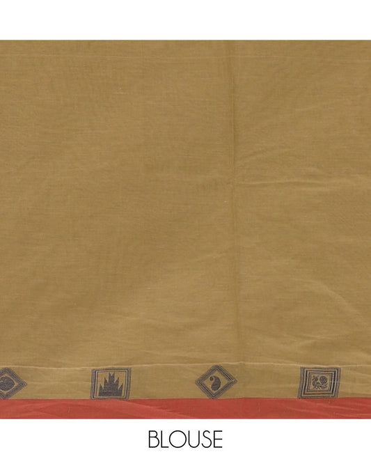 Brown striped Coimbatore cotton saree, contrast diamond patterned border & geometric pallu
