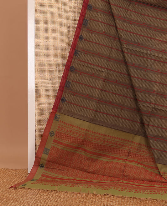 Brown striped Coimbatore cotton saree, contrast diamond patterned border & geometric pallu