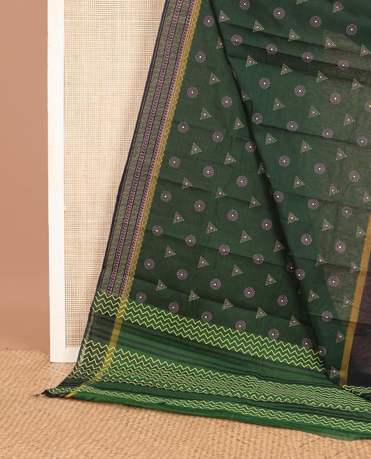Green chakram & triangle buttas Chirala cotton saree, contrast geometric patterned border & chevron striped pallu