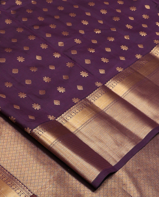 Violet zari buttas Vasundhara silk mix, zari border of thilakam mokku, neli, poun, and then kuli kann designs, and jaal pallu