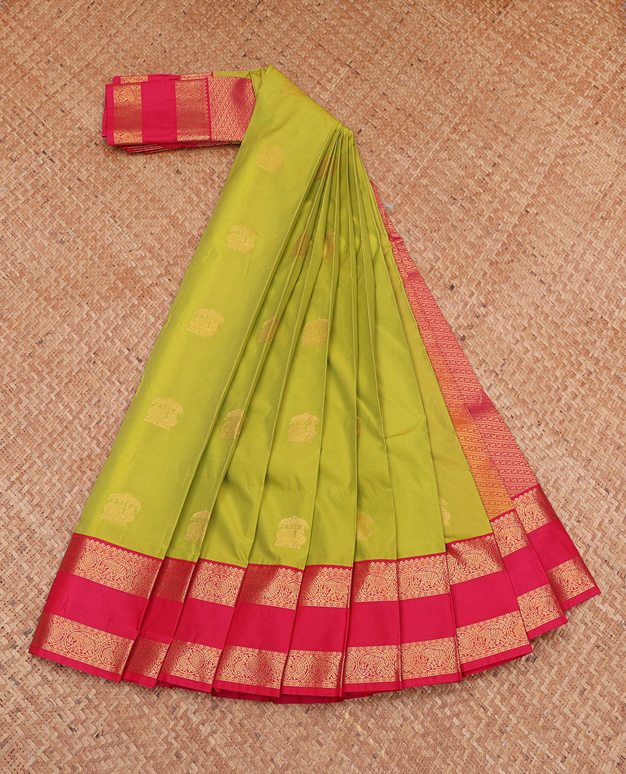 Green Budget Silk Saree, Subtly Sparkled with Zari Buttas, Complemented by a Contrast Traditional Zari Rettai Pettu Border, Grand Pallu, and a Contrast Blouse
