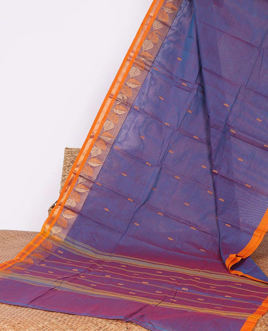 Purple buttas Chettinad cotton saree, contrast leaf zari design border & pallu stripes