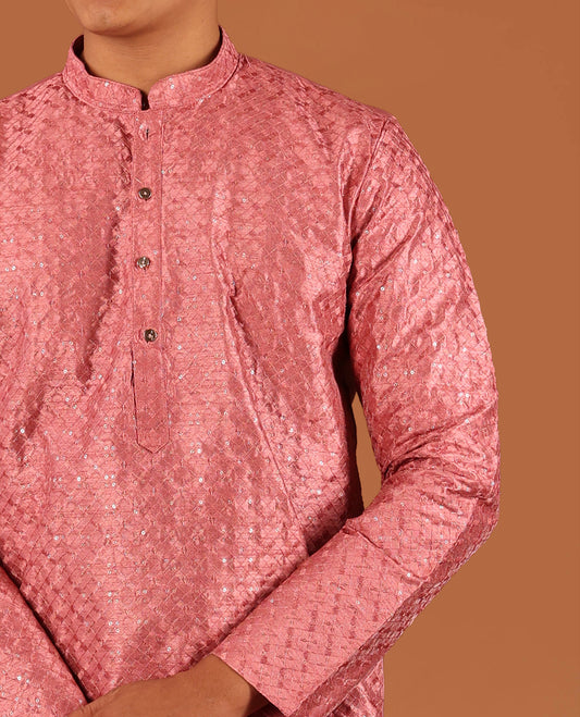 Pink Jaal Thread and Sequins Embroidered Full-Sleeved Men's Kurta