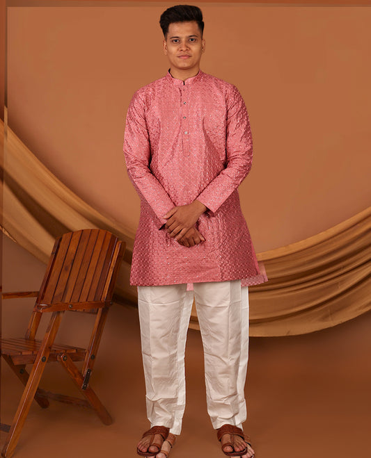 Pink Jaal Thread and Sequins Embroidered Full-Sleeved Men's Kurta