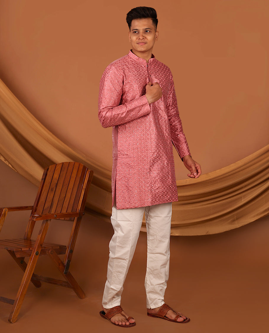 Pink Jaal Thread and Sequins Embroidered Full-Sleeved Men's Kurta
