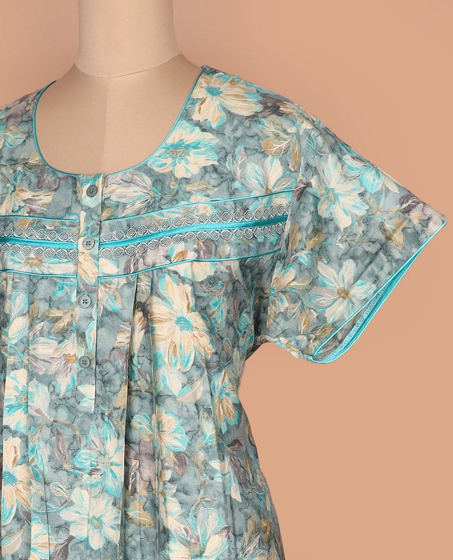 Blue floral printed with round neck half-sleeve cotton nighty