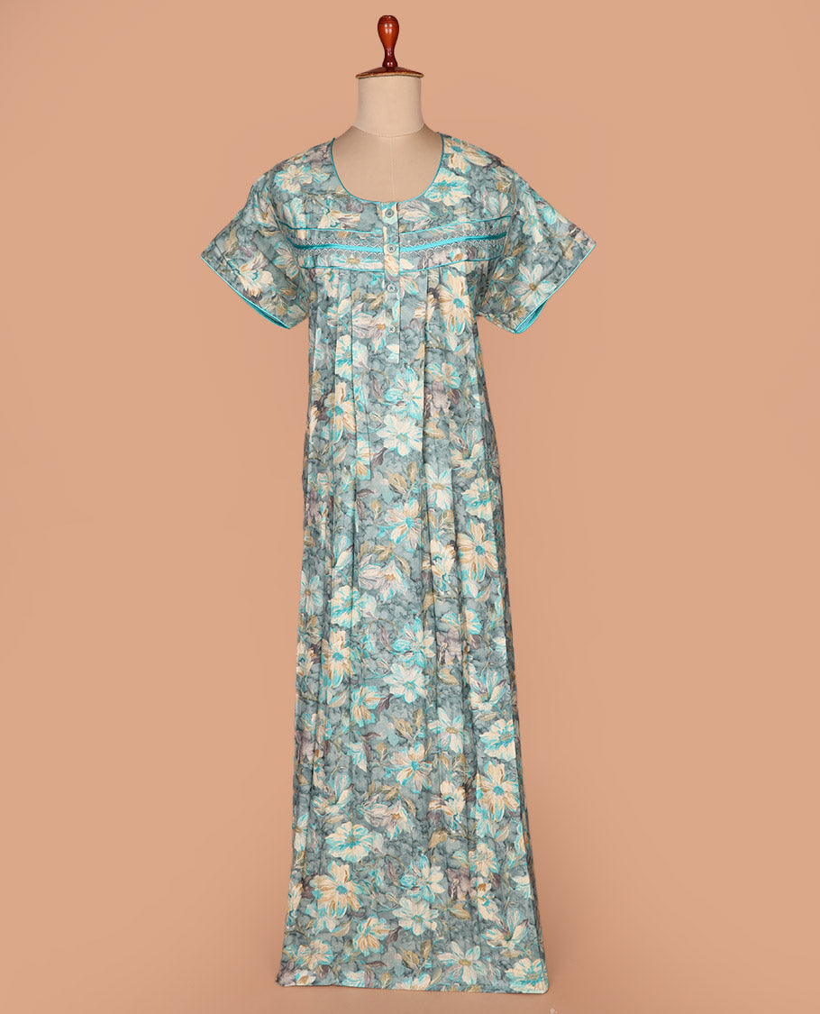 Blue floral printed with round neck half-sleeve cotton nighty