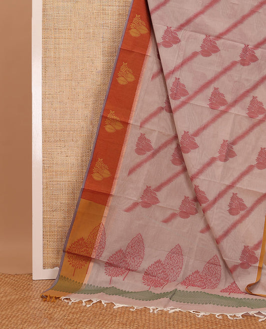 Sandal floral buttas & diagonal stripes Coimbatore cotton saree, contrast unique motifs border & floral pallu