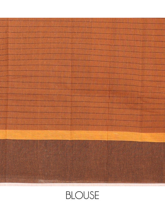 Honey color checked chirala cotton saree, contrast striped border & striped pallu