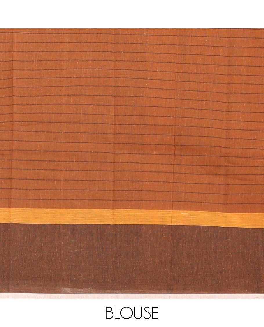 Honey color checked chirala cotton saree, contrast striped border & striped pallu