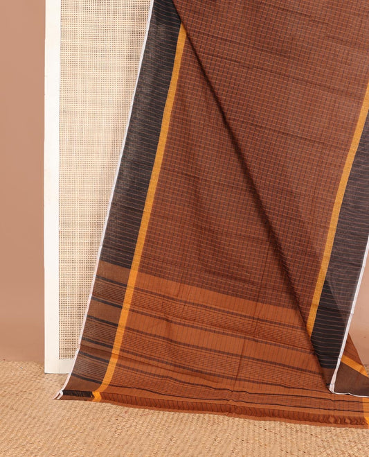 Honey color checked chirala cotton saree, contrast striped border & striped pallu