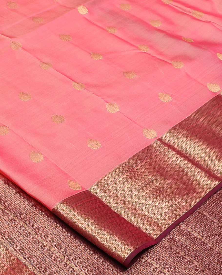 Pink zari buttas Vasundhara silk mix, contrast kathir striped zari border, and traditional design pallu