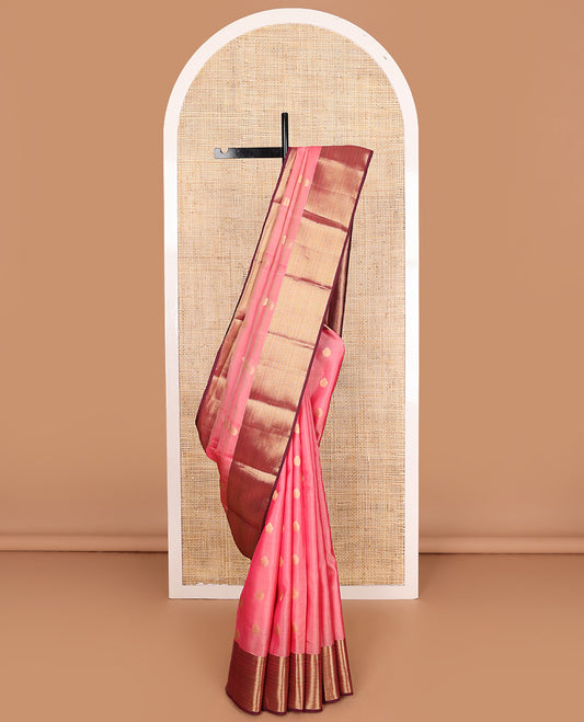 Pink zari buttas Vasundhara silk mix, contrast kathir striped zari border, and traditional design pallu