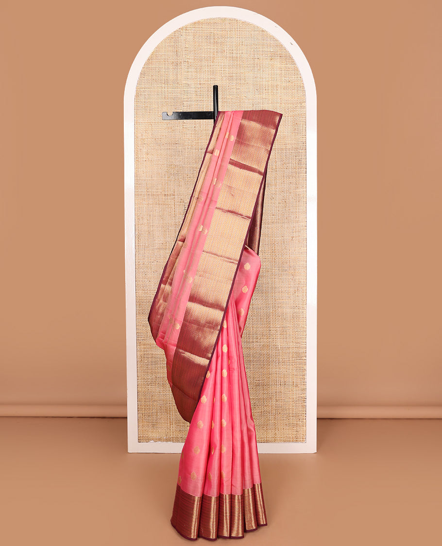Pink zari buttas Vasundhara silk mix, contrast kathir striped zari border, and traditional design pallu