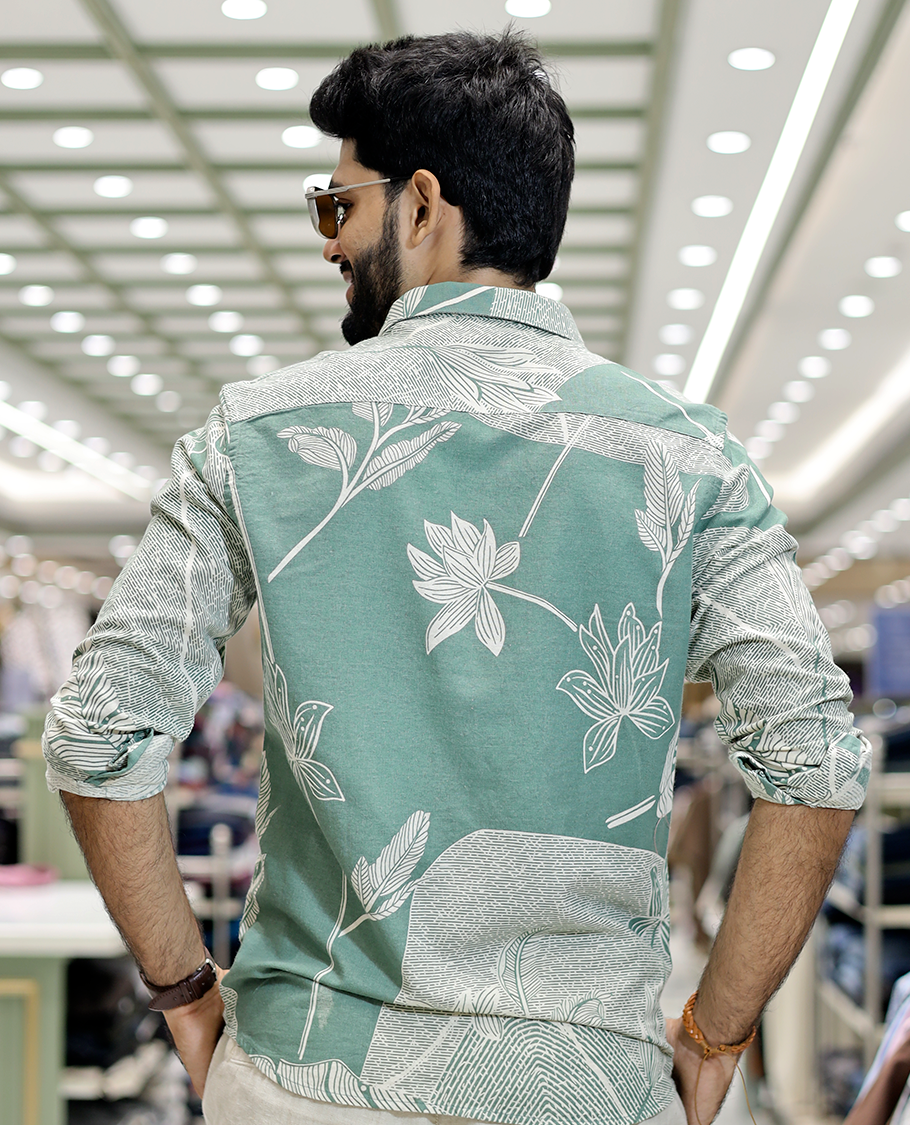 Green Cotton-Blended Tropical Floral Print Casual Shirt