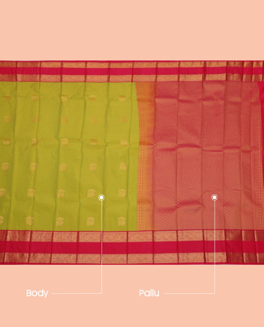 Green Budget Silk Saree, Subtly Sparkled with Zari Buttas, Complemented by a Contrast Traditional Zari Rettai Pettu Border, Grand Pallu, and a Contrast Blouse