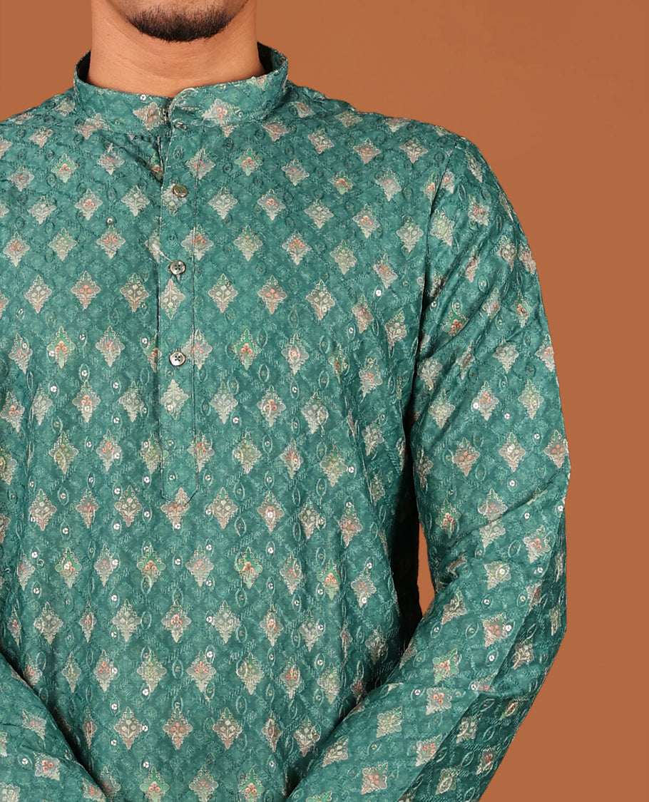 Green Intricately Printed and Thread-Sequins Embroidered Full-Sleeved Men's Kurta