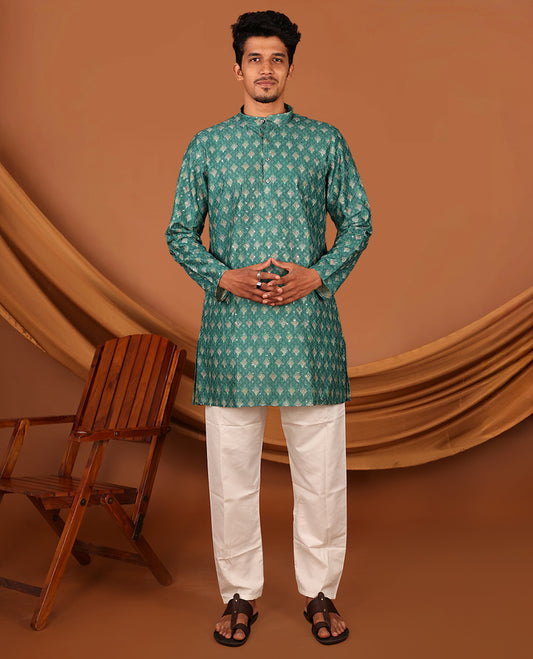 Green Intricately Printed and Thread-Sequins Embroidered Full-Sleeved Men's Kurta