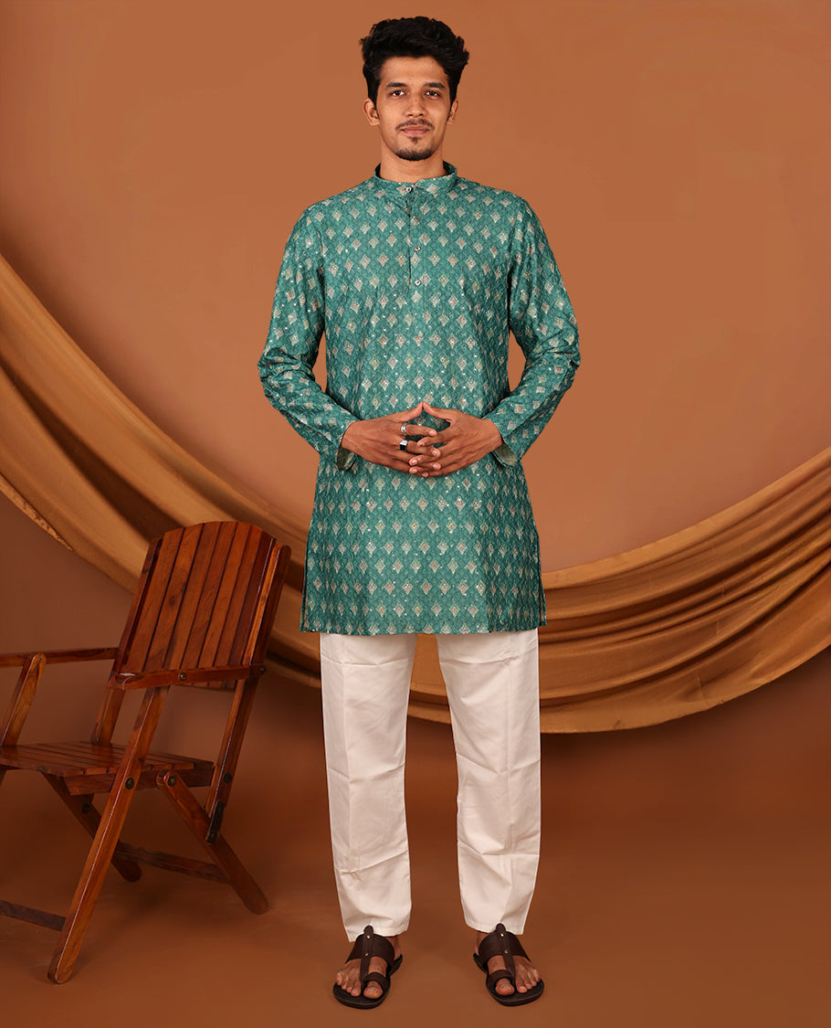 Green Intricately Printed and Thread-Sequins Embroidered Full-Sleeved Men's Kurta