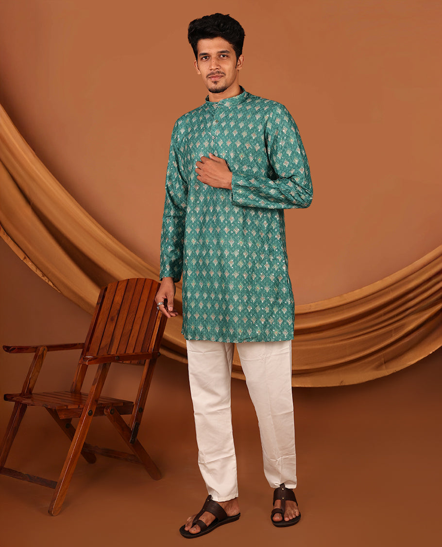 Green Intricately Printed and Thread-Sequins Embroidered Full-Sleeved Men's Kurta