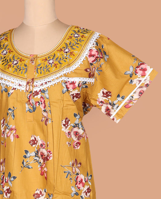 Mustard floral printed with embroidered round neck half-sleeve cotton nighty