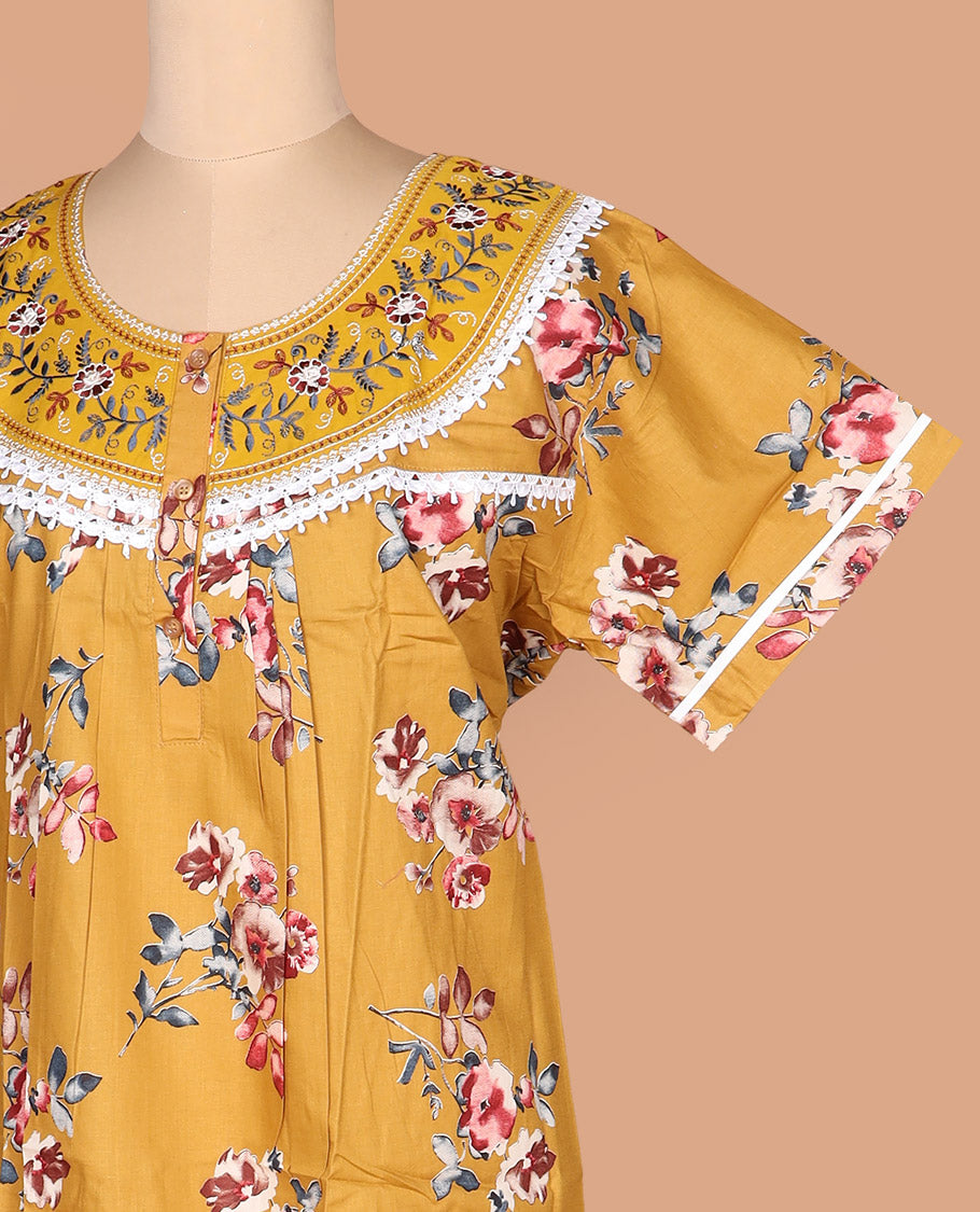 Mustard floral printed with embroidered round neck half-sleeve cotton nighty