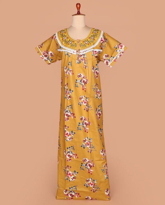 Mustard floral printed with embroidered round neck half-sleeve cotton nighty