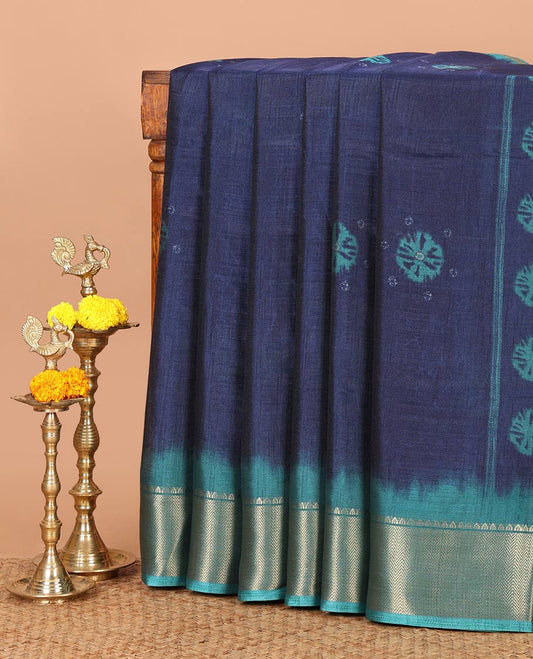 Blue bandhani butta printed dola silksaree,contrast traditional zari border,bandhani printed pallu & butta printed blouse