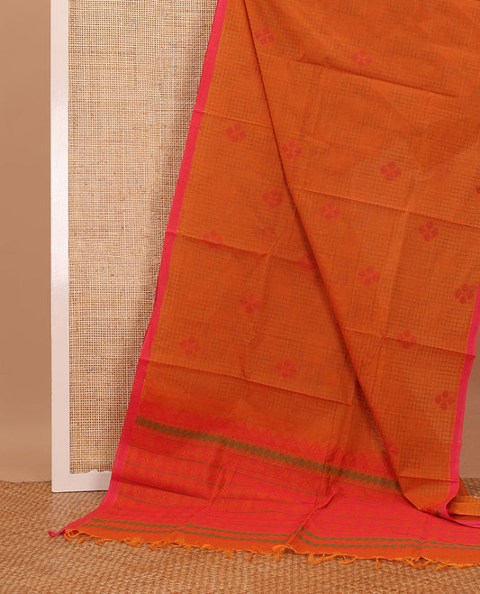 Orange checks & buttas Coimbatore cotton saree, contrast plain border & pallu of intricate designs