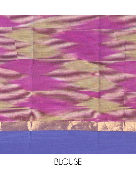 Pink geometric patterned chirala cotton saree, contrast zari striped border & striped pallu