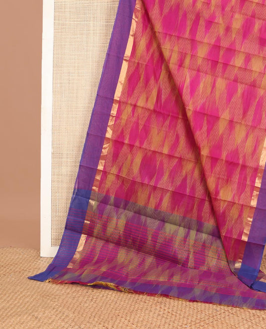 Pink geometric patterned chirala cotton saree, contrast zari striped border & striped pallu