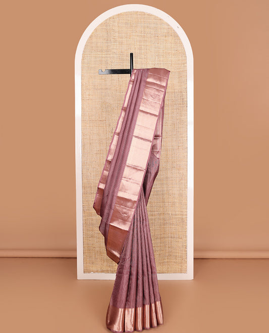 Rosewood pink muthu striped Vasundhara silk mix, zari border of thilakam, kathir, and banaras designs, and jaal pallu