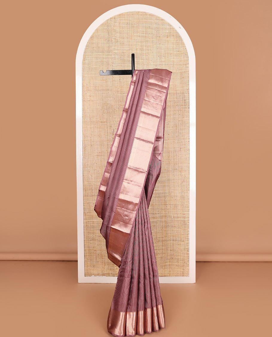 Rosewood pink muthu striped Vasundhara silk mix, zari border of thilakam, kathir, and banaras designs, and jaal pallu