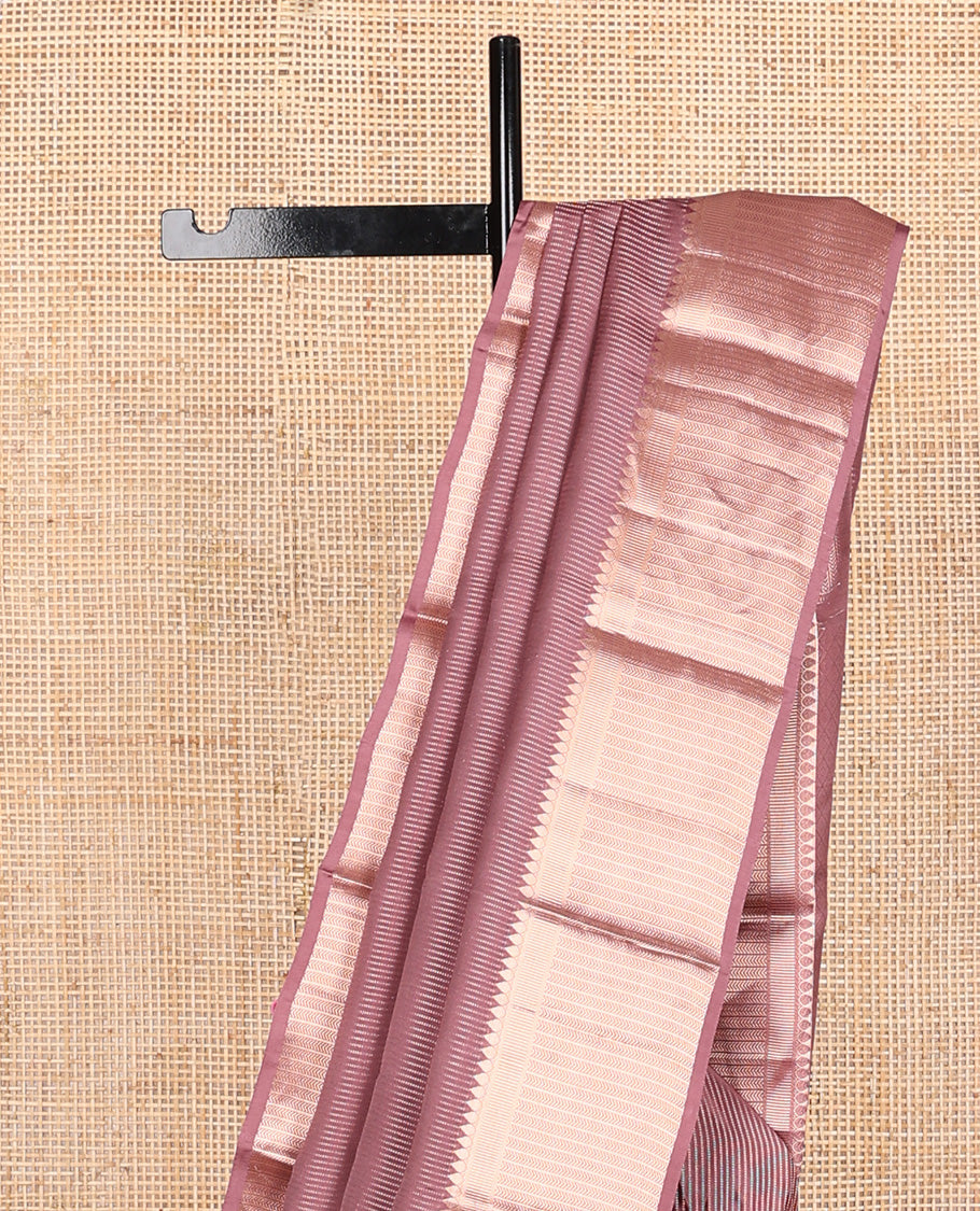 Rosewood pink muthu striped Vasundhara silk mix, zari border of thilakam, kathir, and banaras designs, and jaal pallu